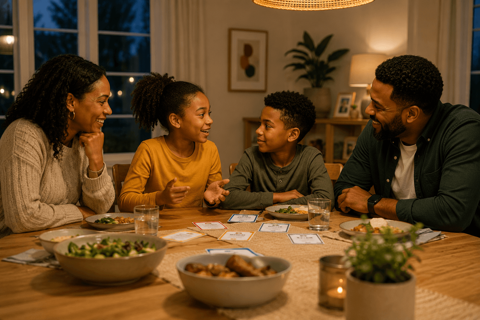 Family sharing meaningful conversation together during dinner.