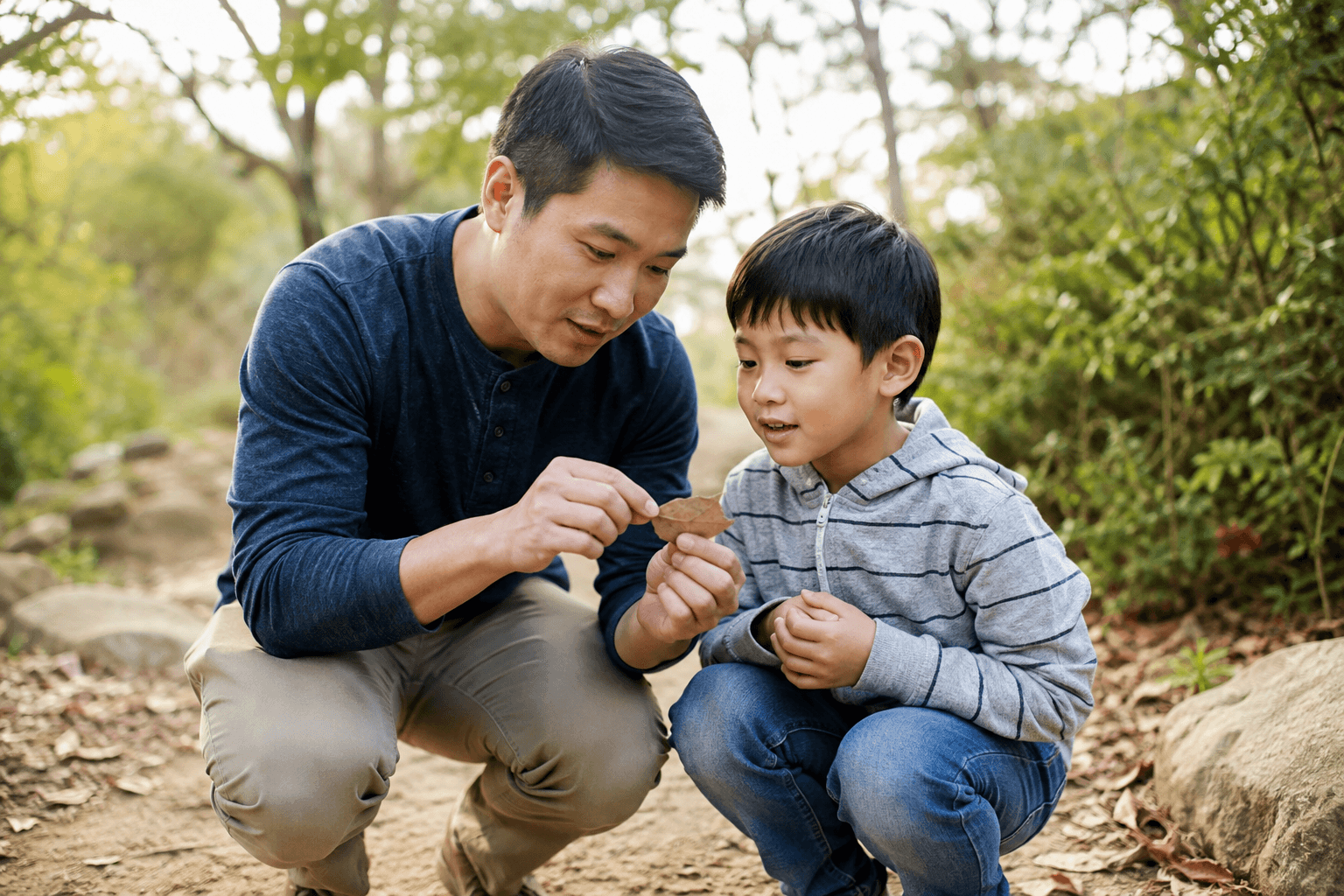 Parent and child examining a nature find and talking through their questions