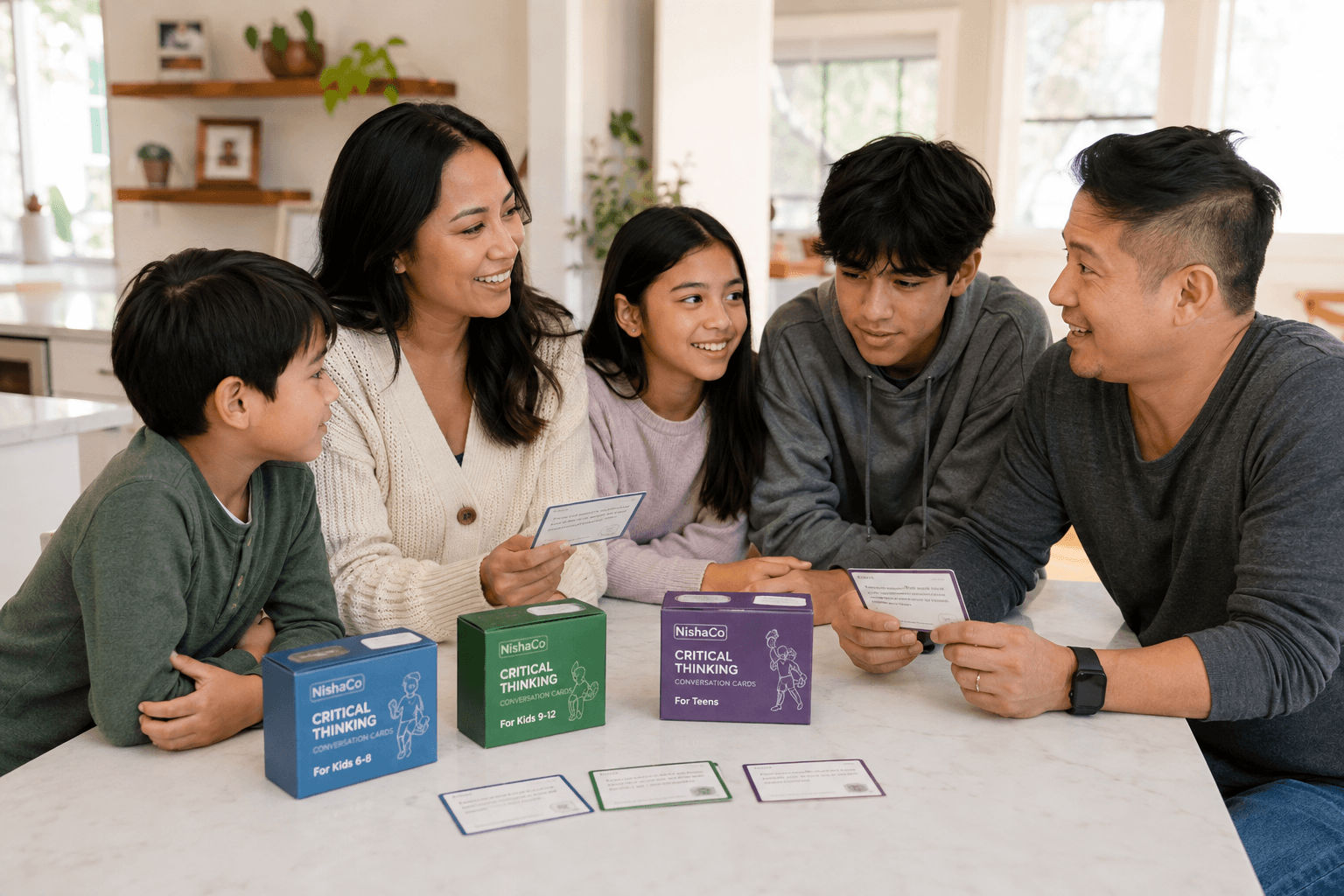 Family with a child, preteen, and teen choosing age-specific NishaCo conversation cards