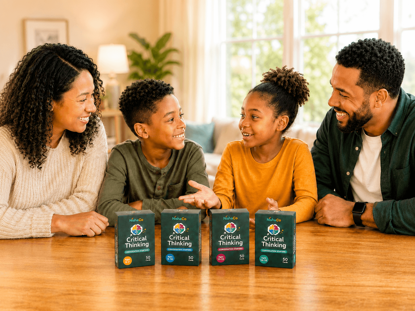 Family talking together around four NishaCo Critical Thinking card decks