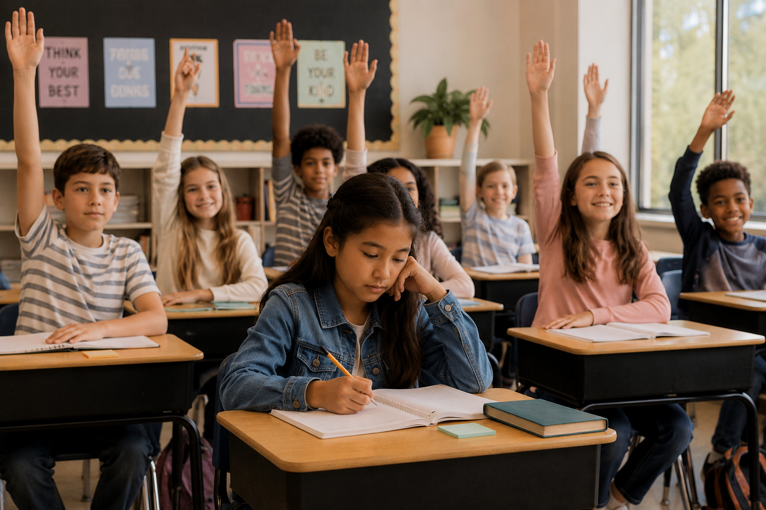 A thoughtful student considers her own answer while classmates raise their hands