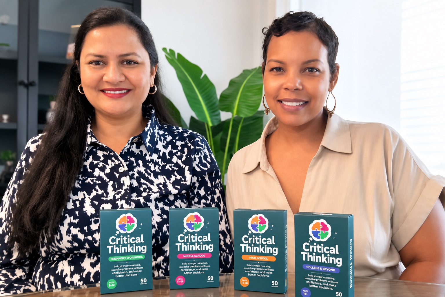 The two NishaCo founders together with four Critical Thinking product boxes
