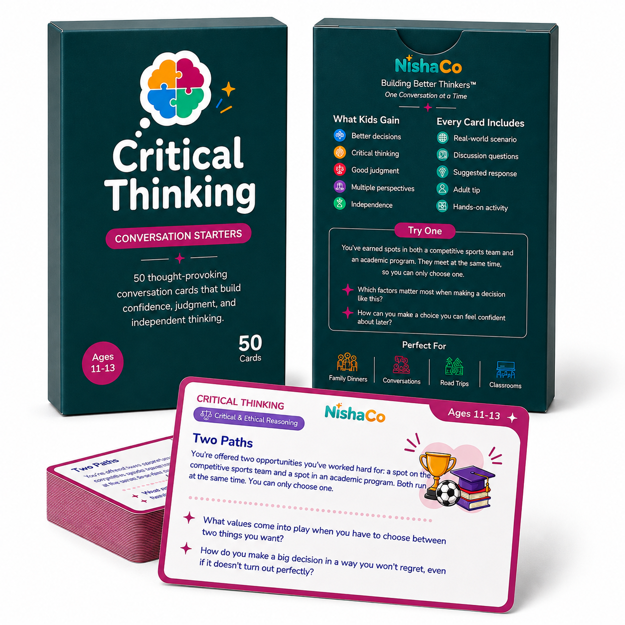 NishaCo Critical Thinking Conversation Starters for ages 11–13 with box, card deck, and Two Paths scenario card
