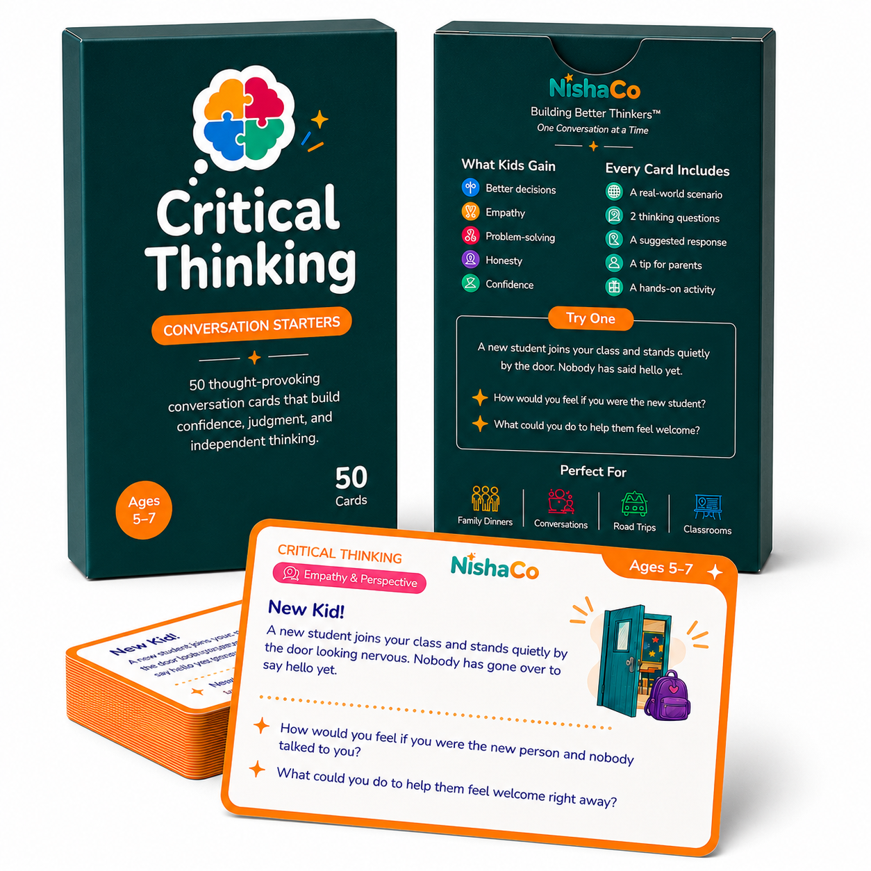 NishaCo Critical Thinking Conversation Starters for ages 5–7 with box, card deck, and New Kid scenario card