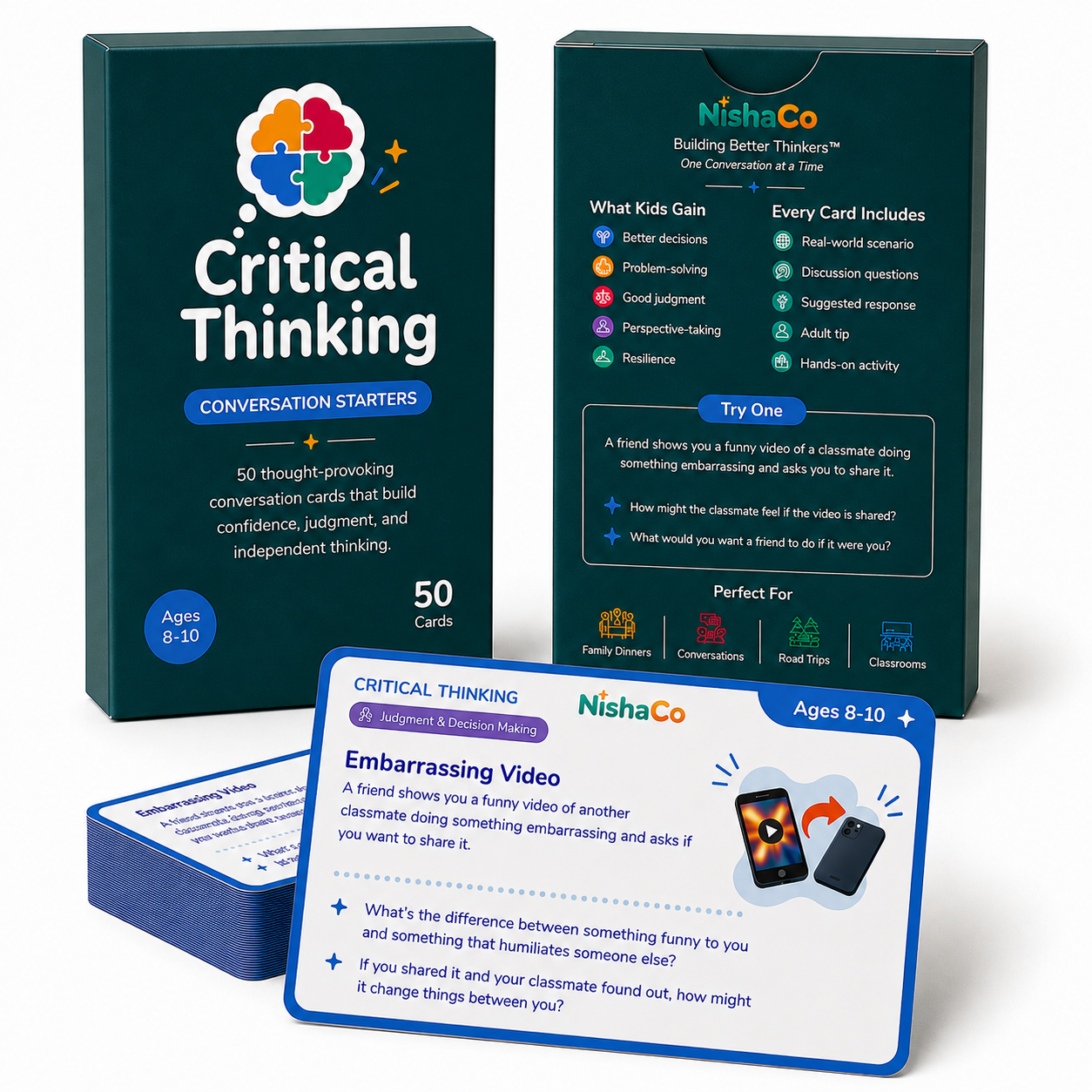 NishaCo Critical Thinking Conversation Starters for ages 8–10 with box, card deck, and Embarrassing Video scenario card